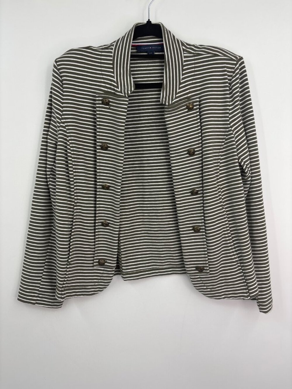Tommy Hilfiger Military Style Striped Open Front Jacket Cardigan Olive Large